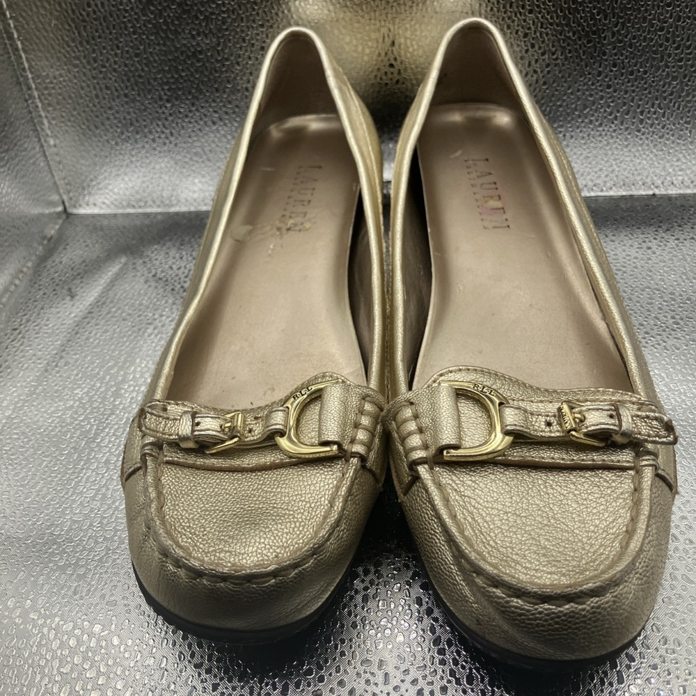 Lauren Ralph Lauren Gold Leather Flats Buckle Accent Comfort Women's Size 8.5